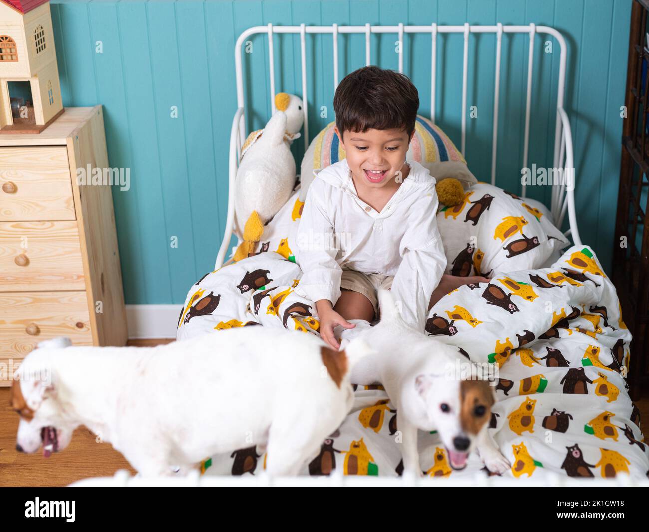 Joven lindo muchacho relajándose en su cama mientras juega con su perro Russell Terrier plano horizontal Foto de stock