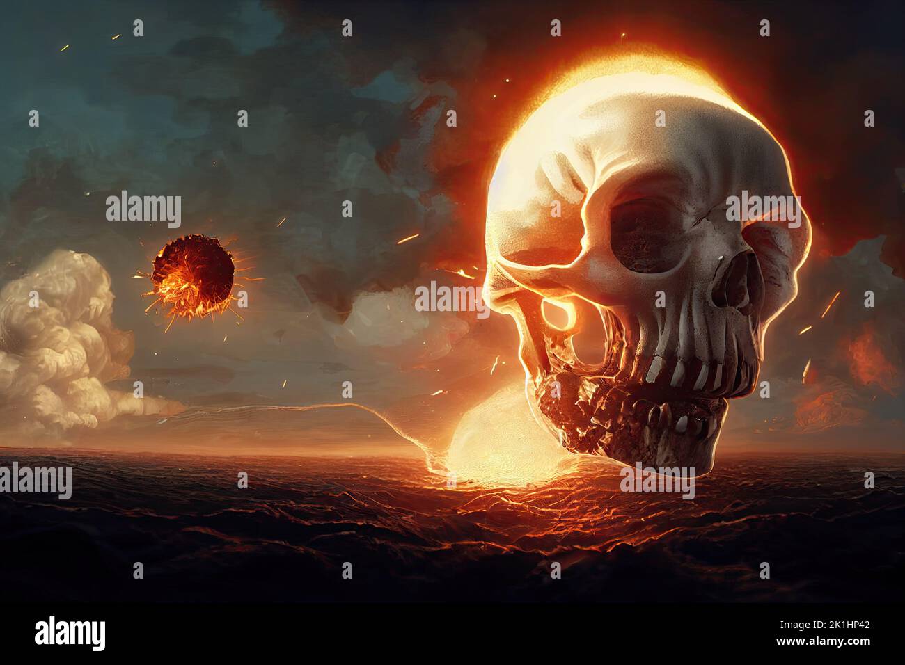 Un cráneo de fuego en medio de una explosión en las ruinas de una guerra apocalíptica. Tema de Halloween en la oscuridad. Ilustración digital de 3D. Foto de stock