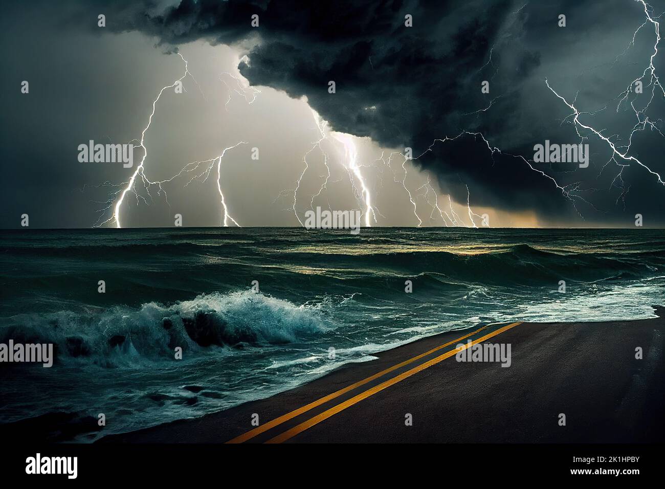 Una peligrosa tormenta tropical ocurre en un cielo nublado y un océano tormentoso, causado por el cambio climático. 3D ilustración y pintura digital. Foto de stock
