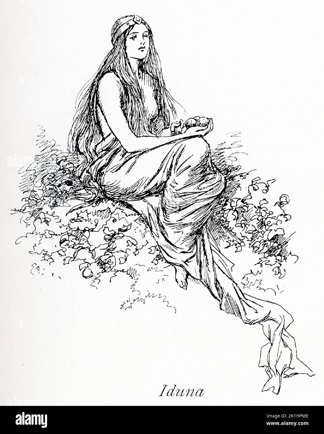 Idun, también deletreado Idunn, o Iduna, en la mitología nórdica, la diosa de la primavera o del rejuvenecimiento y la esposa de Bragi, el dios de la poesía. Ella era la guardiana de las manzanas mágicas de la inmortalidad, que los dioses deben comer para preservar su juventud. Esta ilustración de Gordon Browne data de 1913. Foto de stock