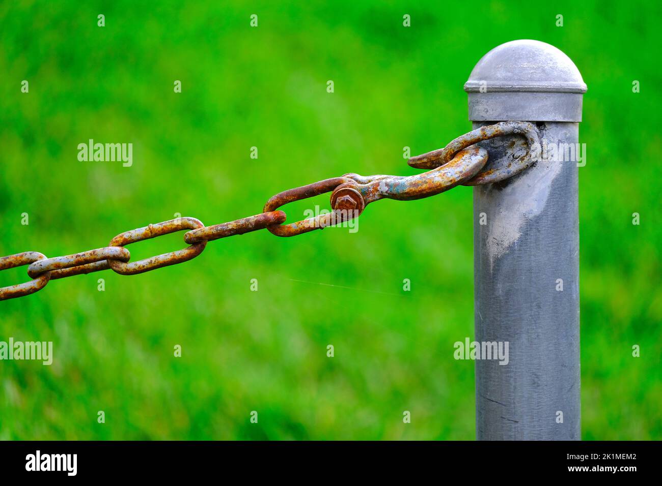 Detalle de la cadena conectada al poste para seguridad y protección de fondo verde Foto de stock