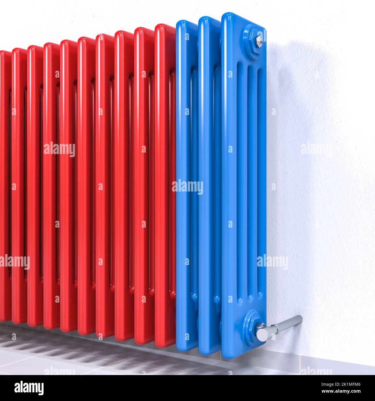 calentador de pared rojo y azul en interior blanco vacío. presentación 3d Foto de stock