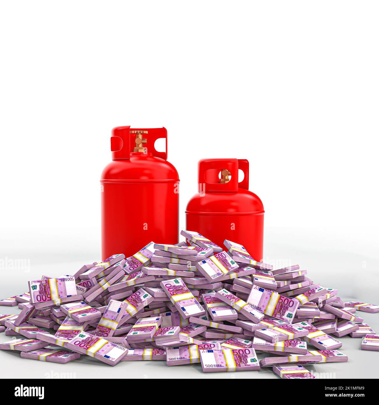 botellas de gas rojas y wads de dinero en euros. concepto de subida de los precios del gas. presentación 3d Foto de stock