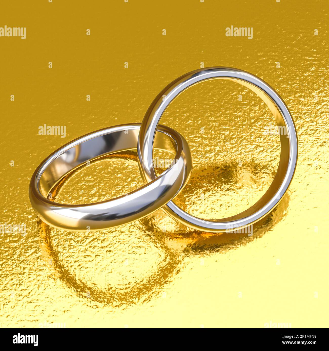 anillos de boda en oro blanco sobre fondo dorado. presentación 3d Foto de stock