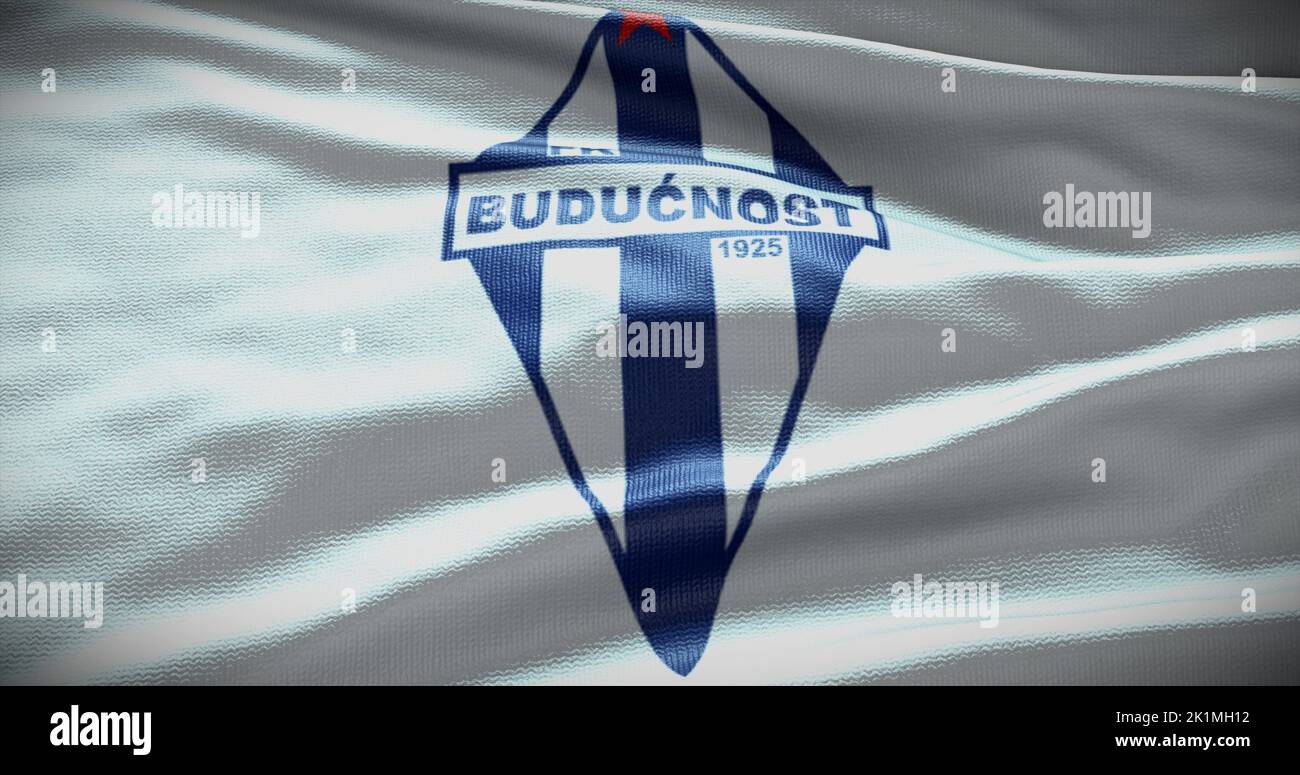 Barcelona, España - 17 de septiembre de 2022: Buducnost Podgorica FC, logo del equipo de fútbol. Ilustración 3D, Editorial ilustrativa. Foto de stock