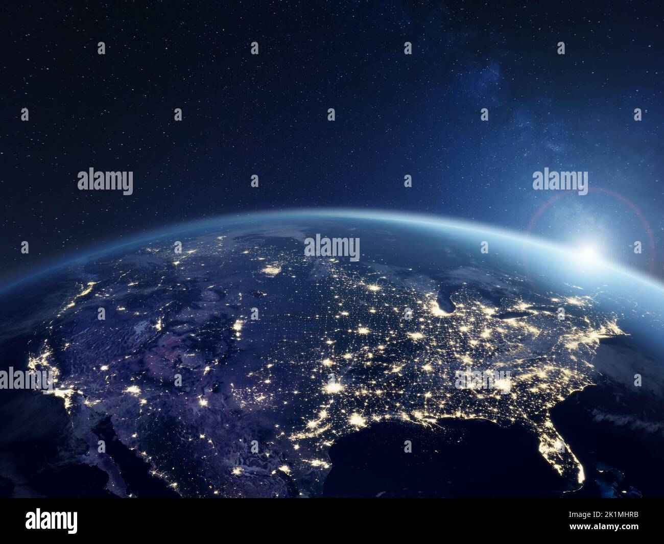 América por la noche vista desde el espacio con las luces de la ciudad mostrando actividad en Estados Unidos. 3D Renderizado del planeta Tierra. Elementos de la NASA. Tecnología, glob Foto de stock