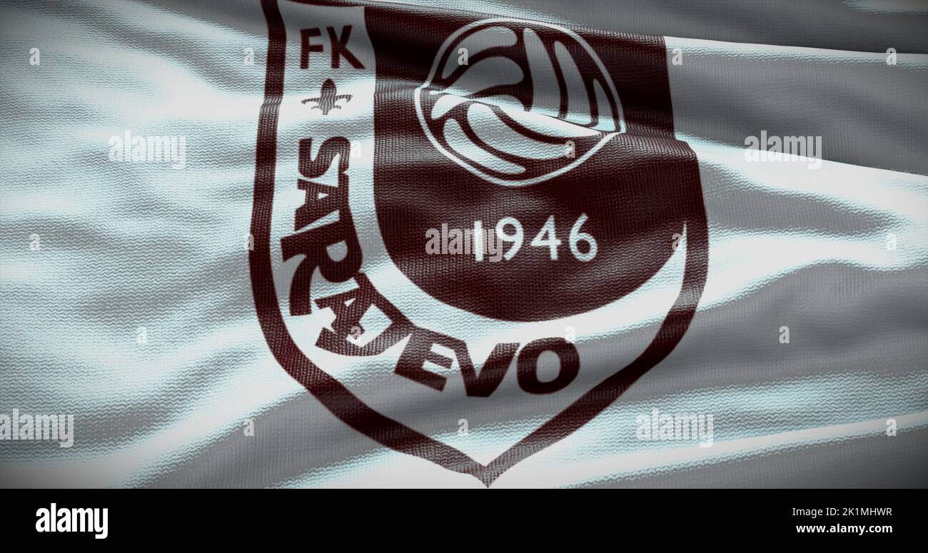 Barcelona, España - 17 de septiembre de 2022: Club de fútbol FK Sarajevo FC, logotipo del equipo de fútbol. Ilustración 3D, Editorial ilustrativa. Foto de stock