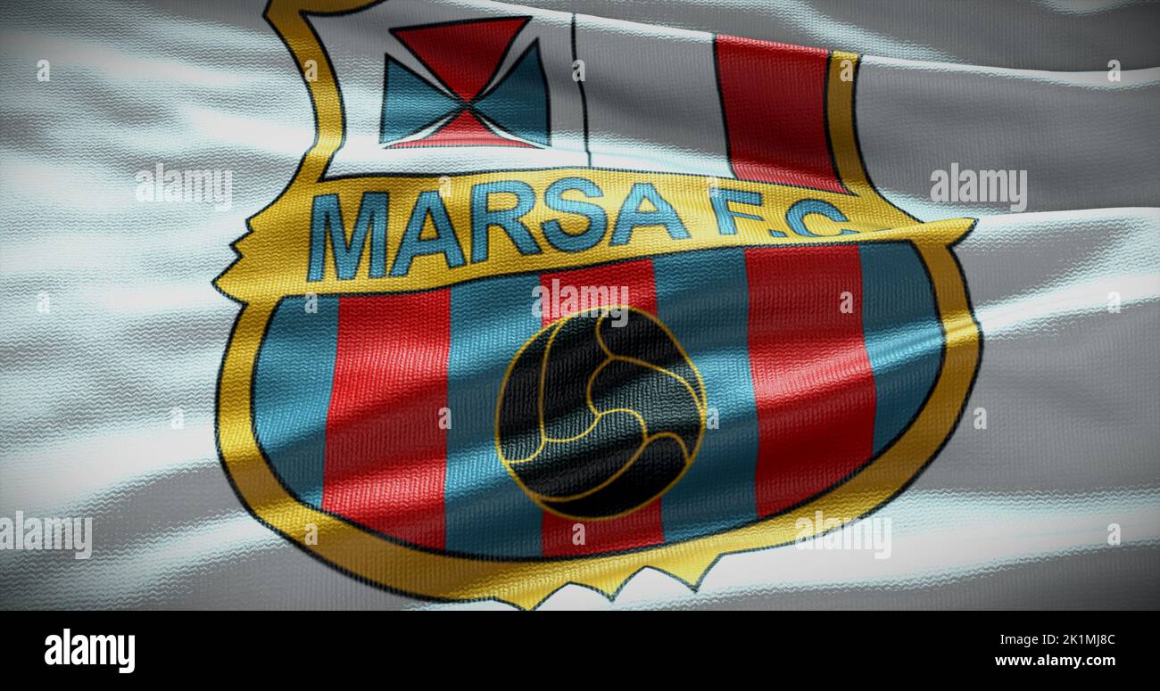Barcelona, España - 17 de septiembre de 2022: Club de fútbol Marsa FK FC, logotipo del equipo de fútbol. Ilustración 3D, Editorial ilustrativa. Foto de stock