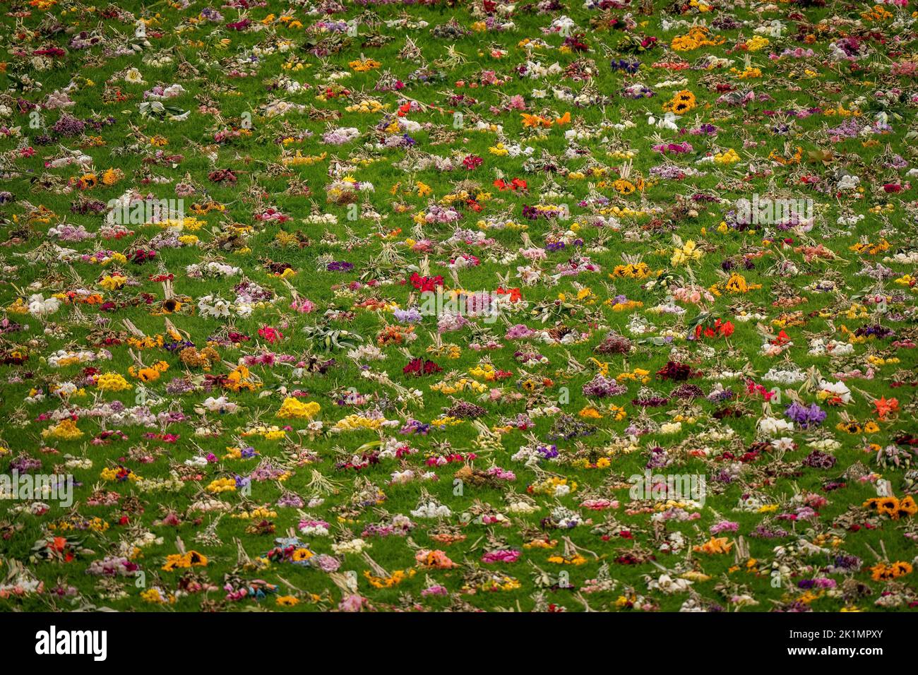 Las flores de los wellwishers flanquean la caminata larga en el castillo de Windsor. Fecha de la foto: Lunes 19 de septiembre de 2022. Foto de stock