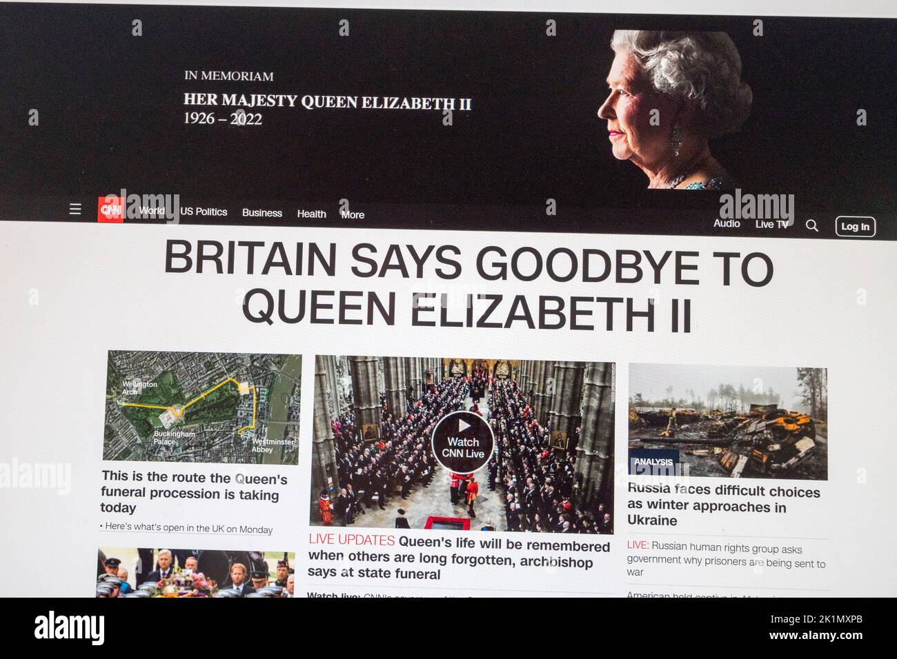 'Gran Bretaña dice Adiós a la Reina Isabel II' Página web de CNN News al final del funeral de la Reina Isabel II en Londres el 19th de septiembre de 2022. Foto de stock