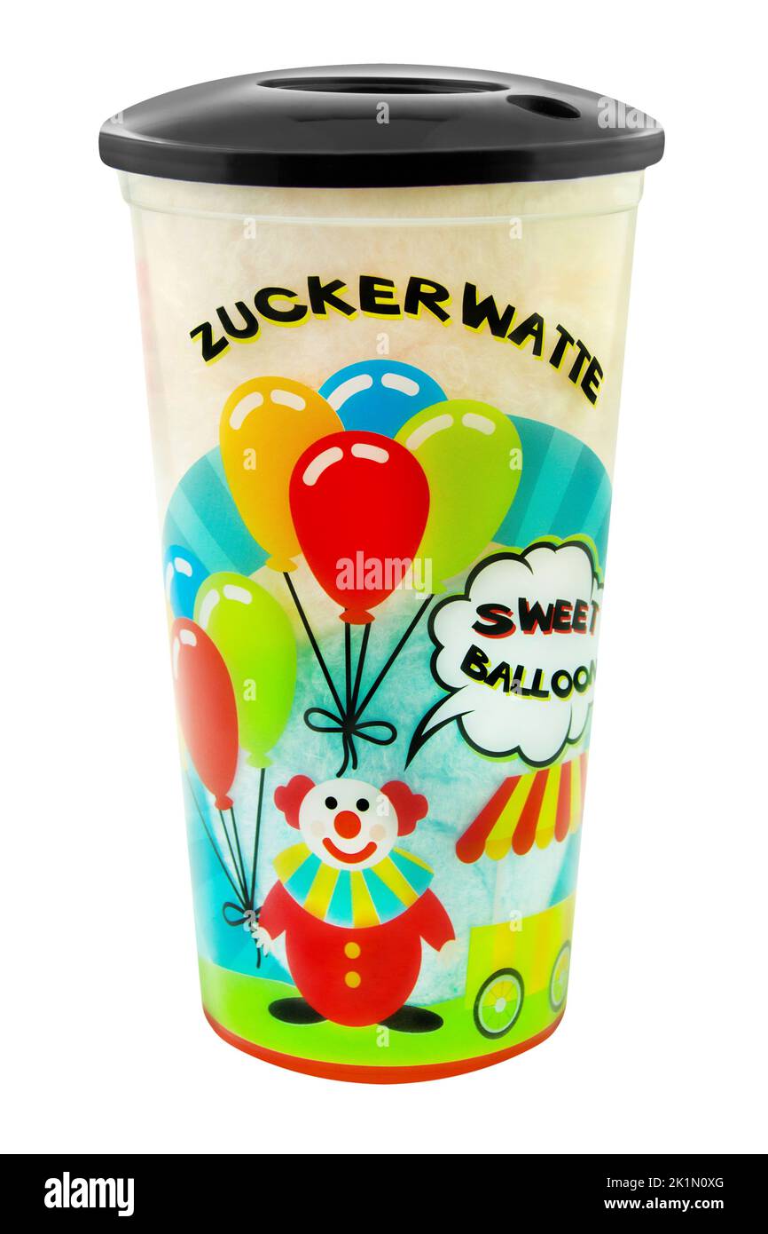 Zuckerwatte im Becher von Sweet Balloon auf weissem Hintergrund Foto de stock