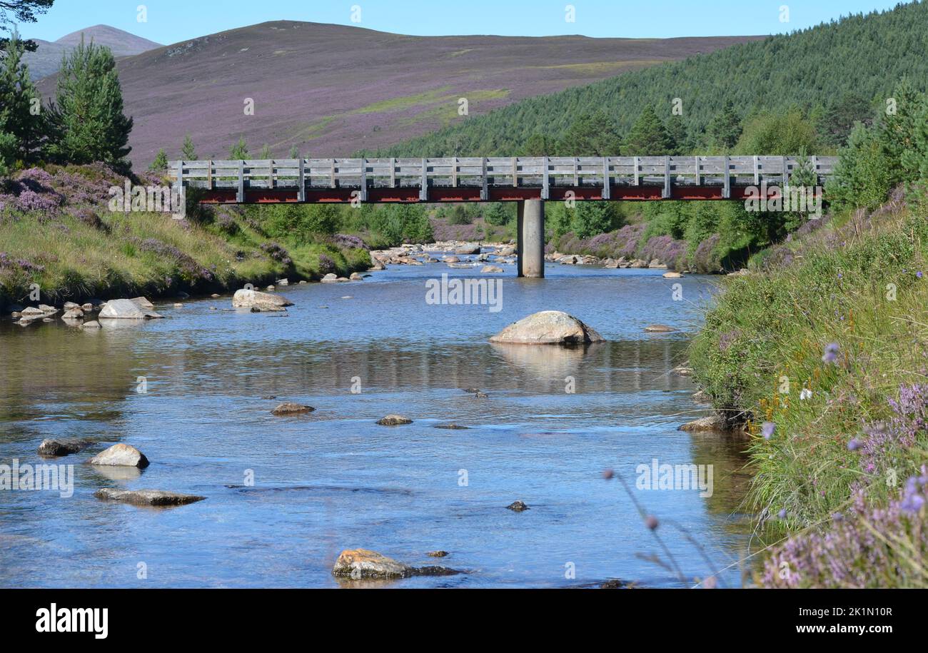 Lui Water a lo largo del circuito Clais Fhearnaig cerca de Braemar, Parque Nacional Cairngorms, Escocia Foto de stock