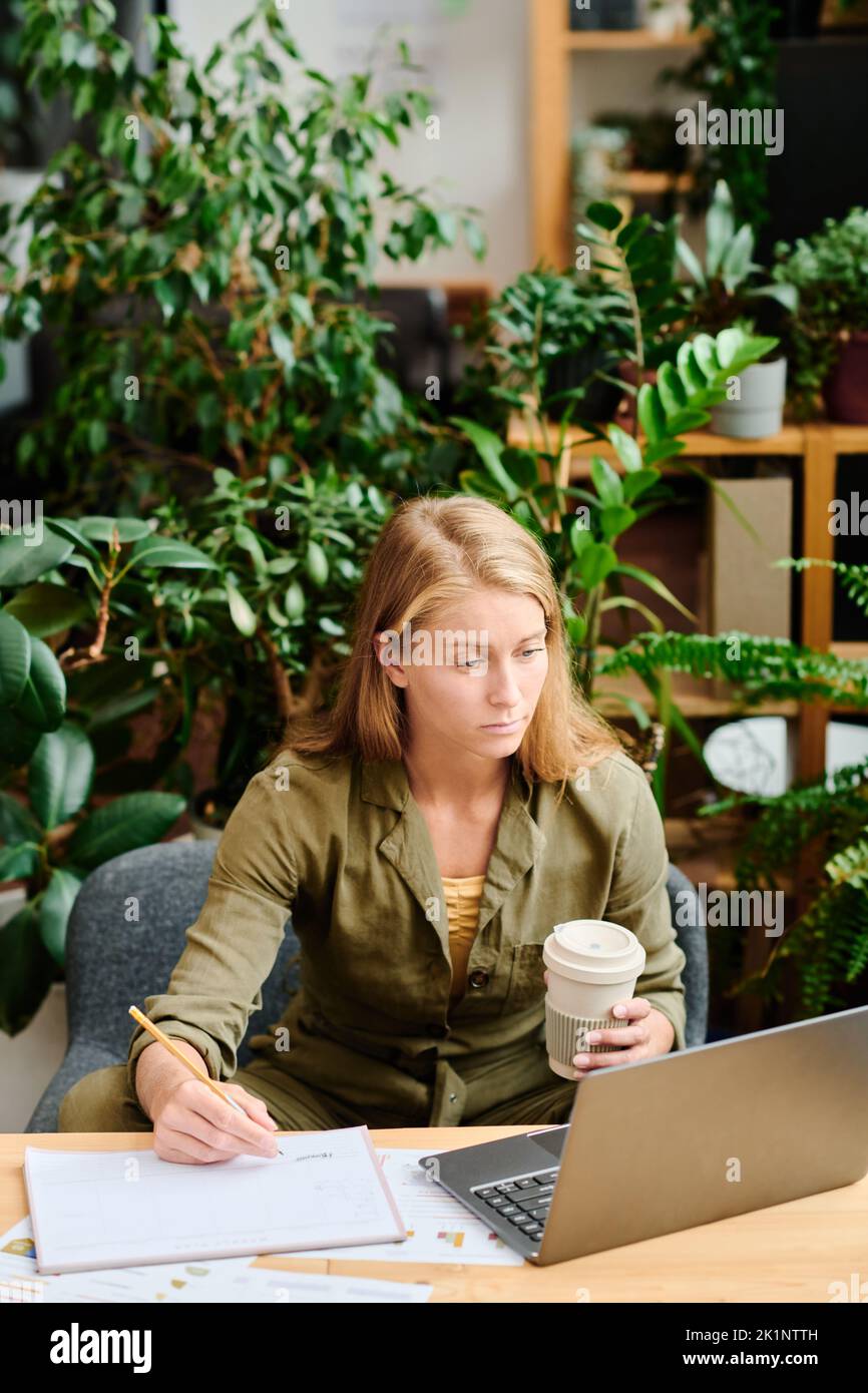 Joven mujer creativa con pelo largo rubio tomando café y haciendo notas en el documento mientras analiza los datos en línea en la pantalla del ordenador portátil Foto de stock