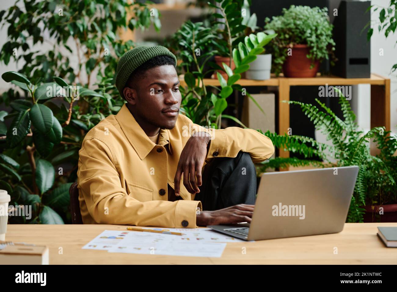 Joven hombre negro serio en ropa casual sentado en el lugar de trabajo frente a la pantalla del ordenador portátil en la oficina verde y trabajando en el proyecto de empresa Foto de stock