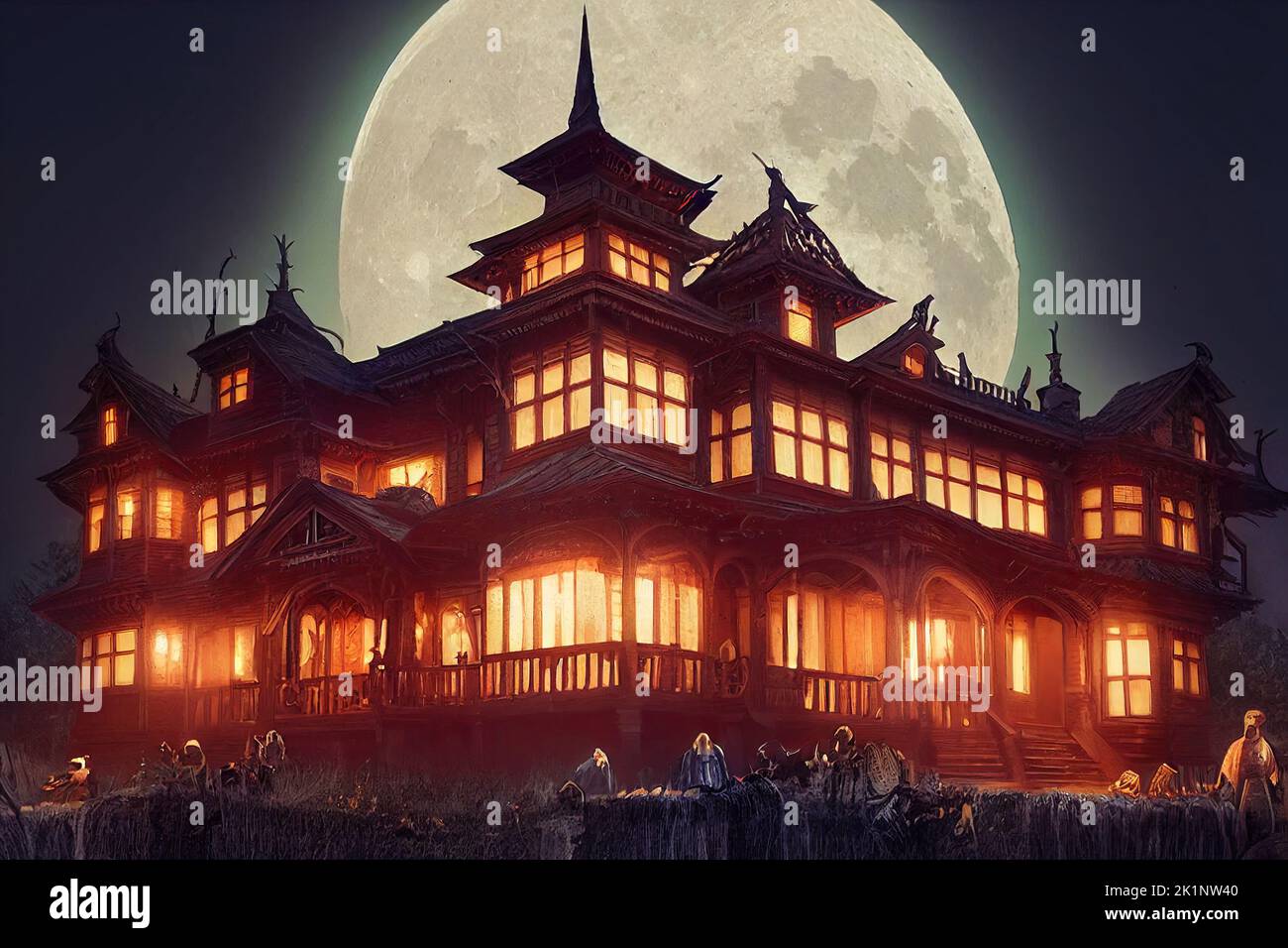 Un gran edificio iluminado con velas, una antigua casa colonial y luna llena por la noche en el cementerio. Casa de terror de Halloween en la oscuridad. Ilustración 3D Foto de stock