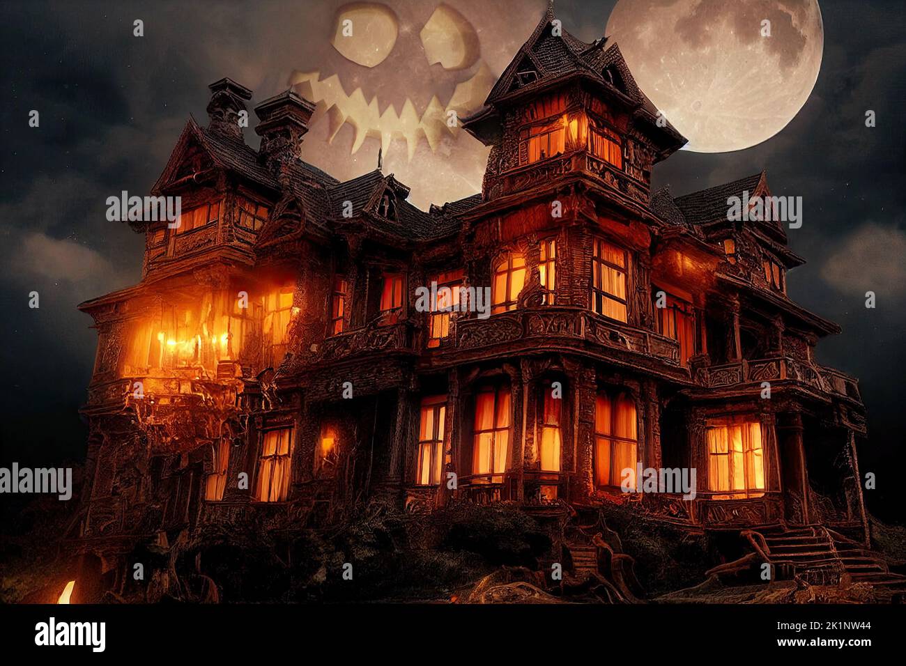 Casa victoriana de terror iluminada con velas con una luna llena de horror calabaza sonriendo la noche. El tema de Halloween de la casa de terror en la oscuridad. 3D Foto de stock