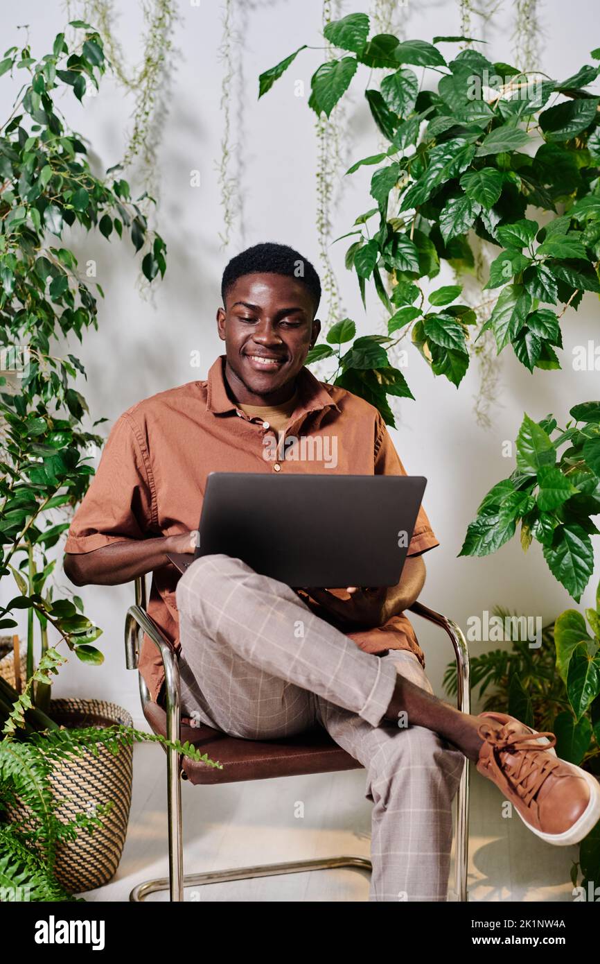 Joven empleado sonriente en ropa casual sentado en silla con el ordenador portátil en las rodillas y la organización de trabajo smong plantas verdes en la oficina Foto de stock