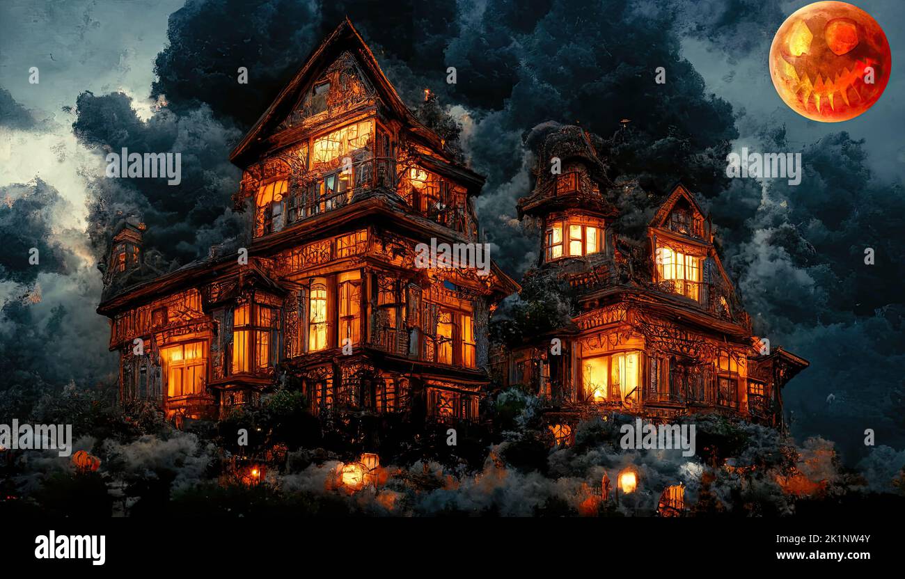 Una gran casa colonial de terror con una luna llena roja con horror calabaza sonriendo y luz de velas. El tema de Halloween de la casa de terror en la oscuridad. 3D Foto de stock