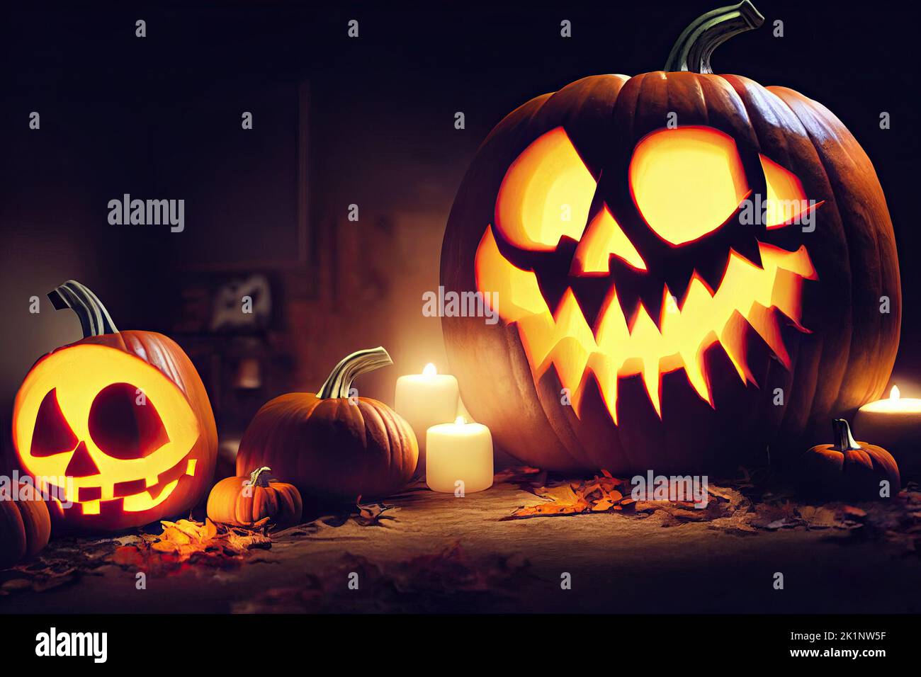 Velas parpadeantes y calabazas sentados en una mesa en la oscuridad durante la noche de Halloween. Ilustración 3D y pintura digital de fantasía. Foto de stock