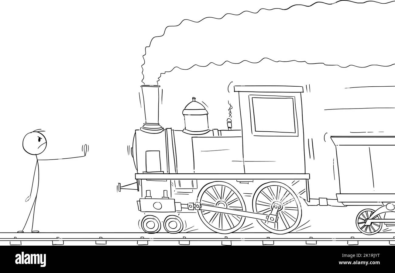 Persona segura de pie en la pista y tratando de detener el tren, vector figura joystick o ilustración de personajes. Ilustración del Vector
