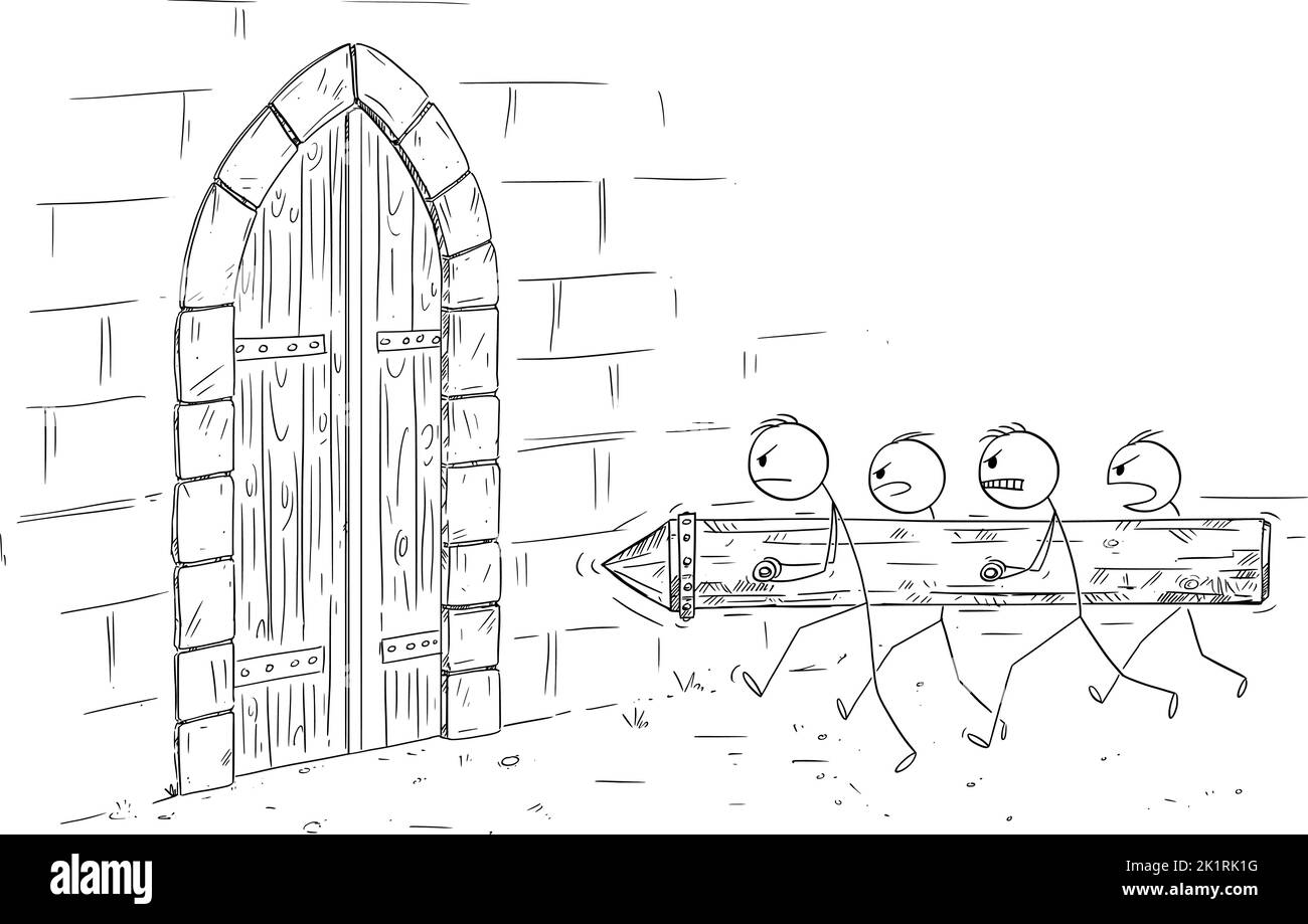 Grupo o equipo sosteniendo el carnero golpeando y atacando o destruyendo la puerta del castillo, la figura del palillo de la caricatura del vector o la ilustración del carácter. Ilustración del Vector