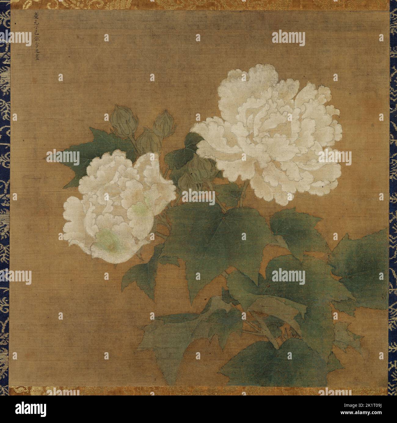 Hibiscos blancos (juego de dos pergaminos colgantes). Museo: Museo Nacional de Tokio. Autor: Li Di. Foto de stock