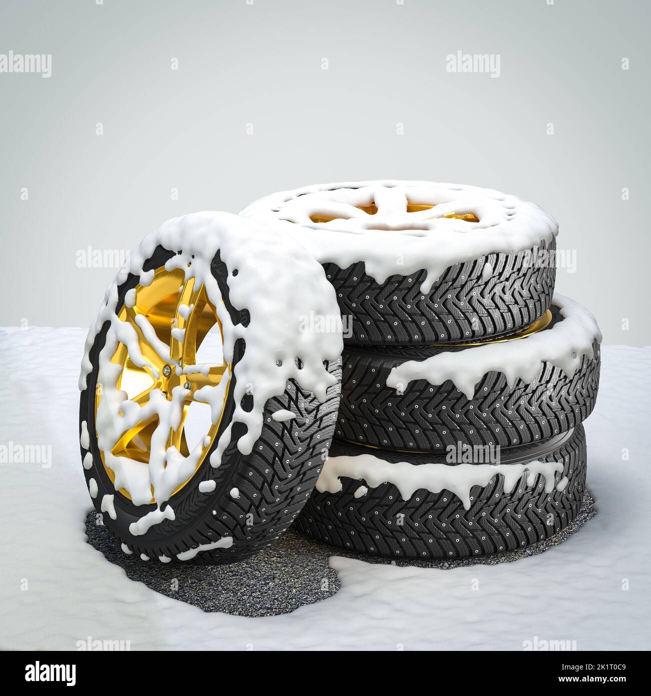 neumáticos de invierno con llantas doradas cubiertas de nieve. presentación 3d Foto de stock