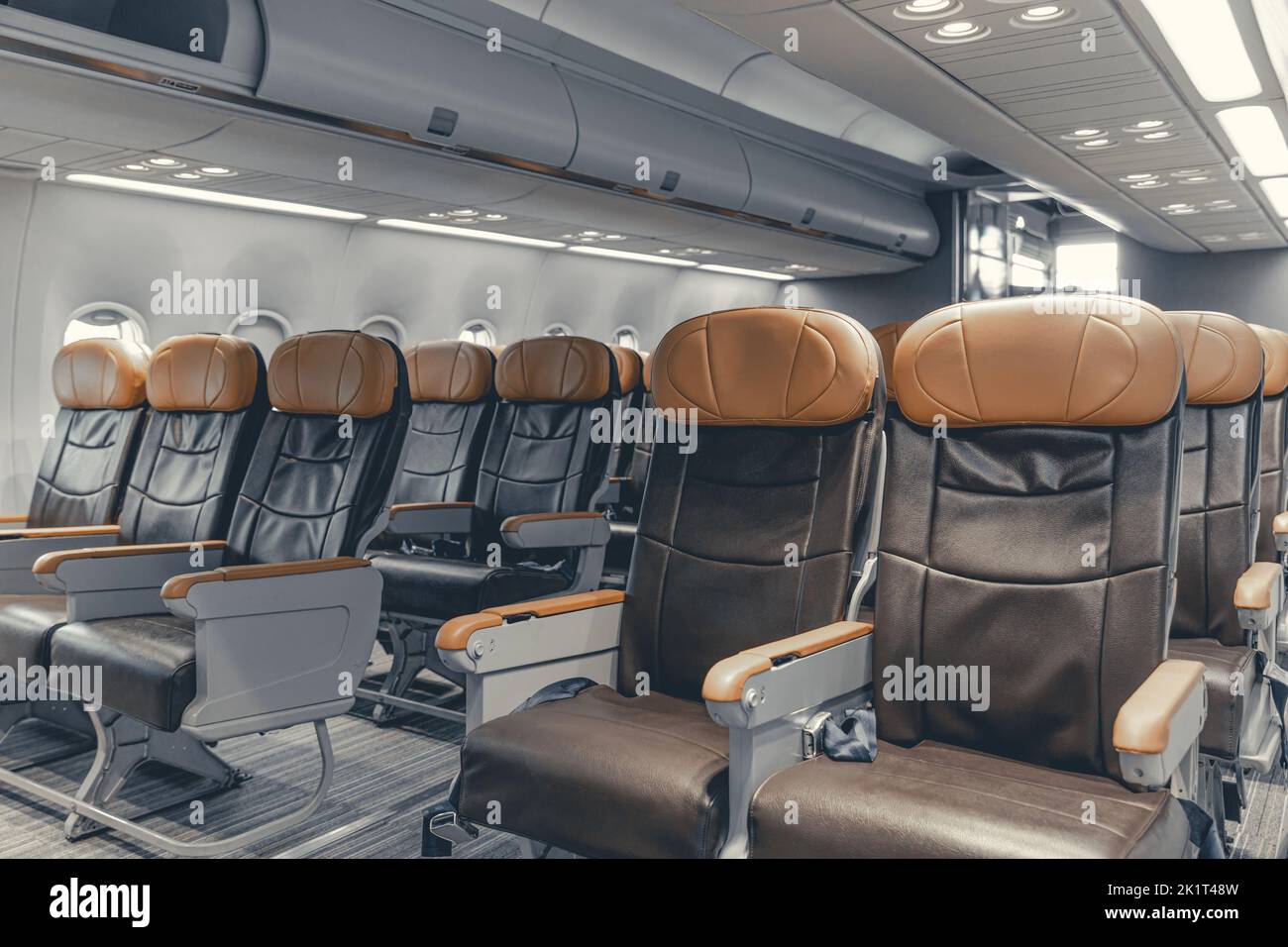avión clase turista asientos fila en la cabina no pasajero lujo ancho cuero tamaño de silla elegante look Foto de stock