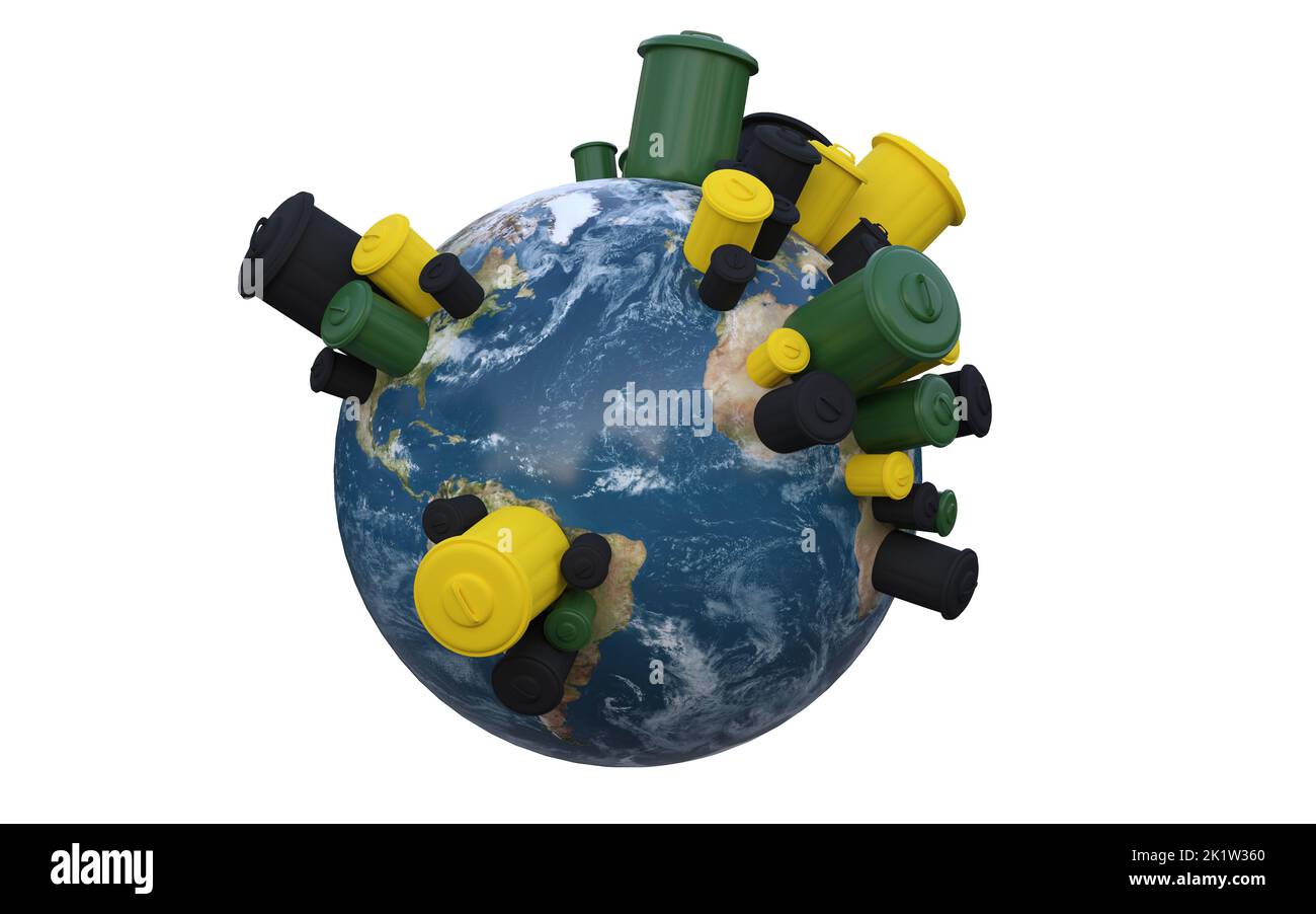 Planeta Tierra con botes de basura en los diferentes continentes - 3D renderizado Foto de stock