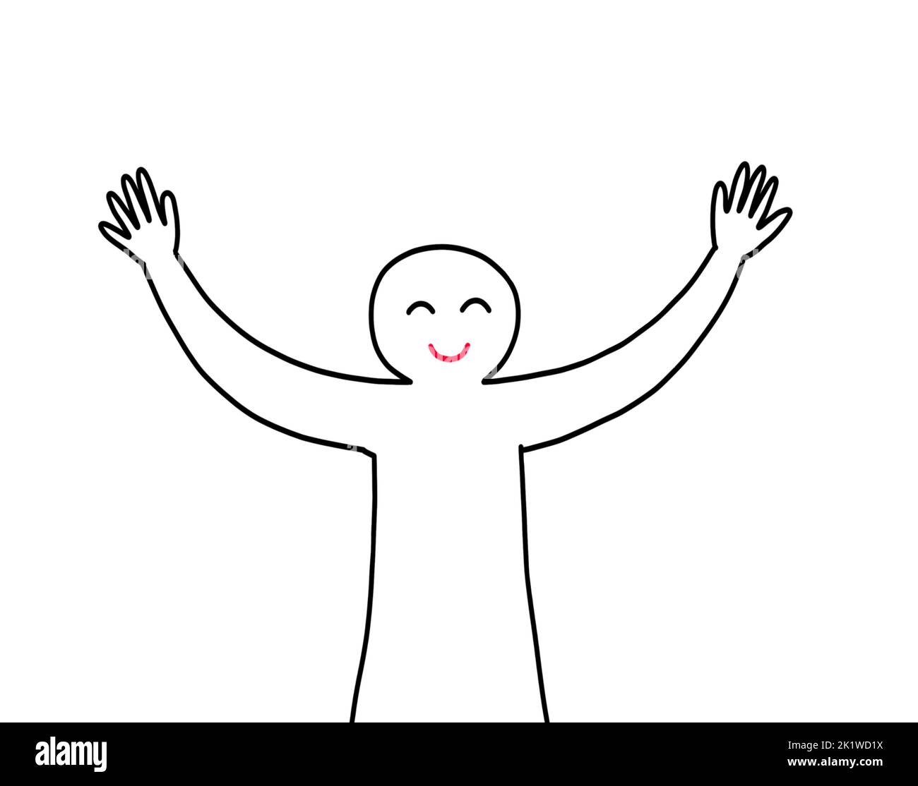 Una persona que levanta los brazos y manos arriba gesto sonriendo. Emoción feliz positiva. Libertad, relajación, confianza en sí mismo y concepto de bienestar. Foto de stock