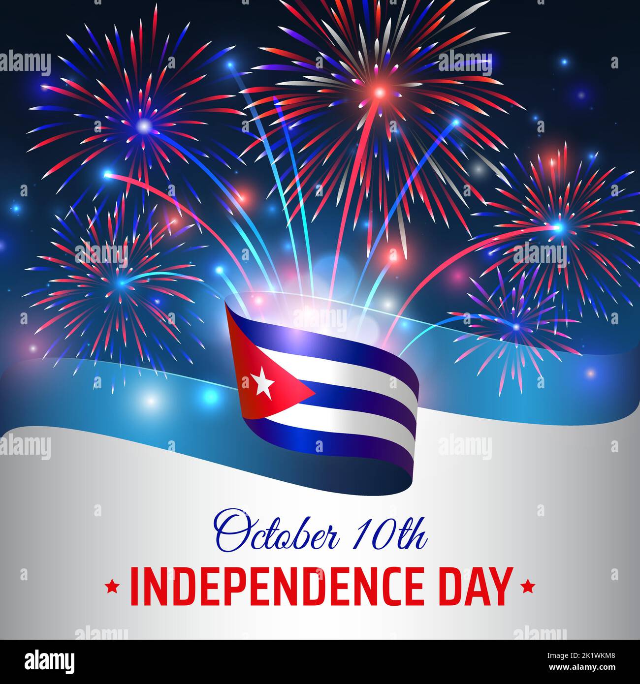 10 de octubre, día de la independencia cuba. Bandera cubana ondulada y coloridos fuegos artificiales sobre fondo azul cielo. Fiesta nacional de cuba 10th de octubre. Día de la independencia Ilustración del Vector