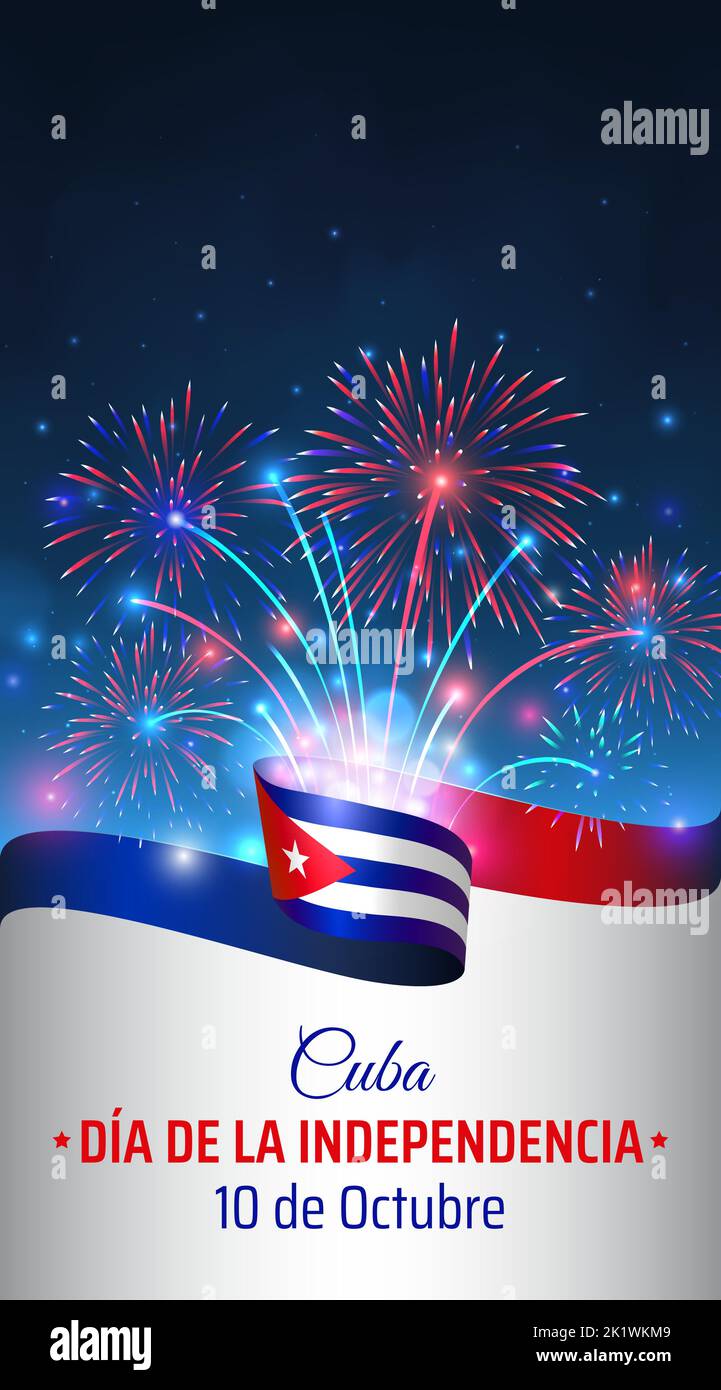 10 de octubre, día de la independencia cuba. Bandera cubana ondulada y coloridos fuegos artificiales sobre fondo azul cielo. Fiesta nacional. Tarjeta de felicitación. Ilustración vectorial Ilustración del Vector