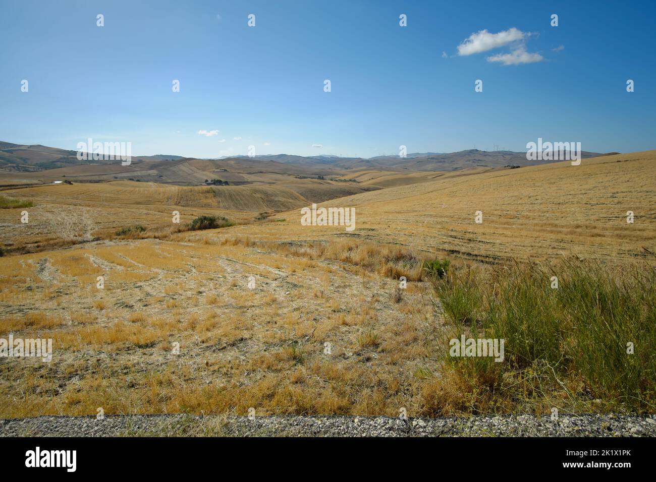 Campos de trigo cosechados en el paisaje de Sicilia Foto de stock