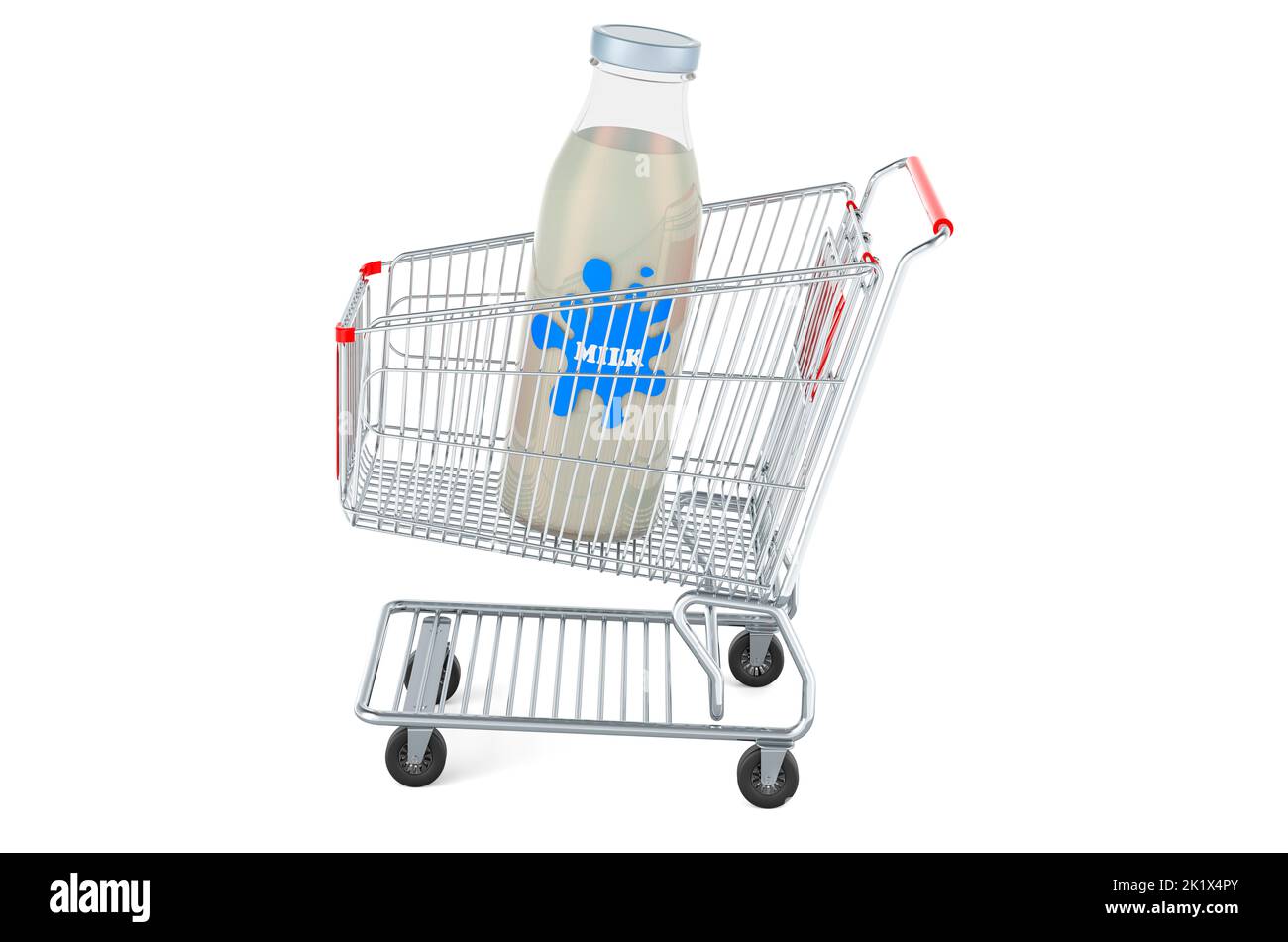 Botella de leche de cristal dentro de la cesta de la compra. Reproducción 3D aislada sobre fondo blanco Foto de stock