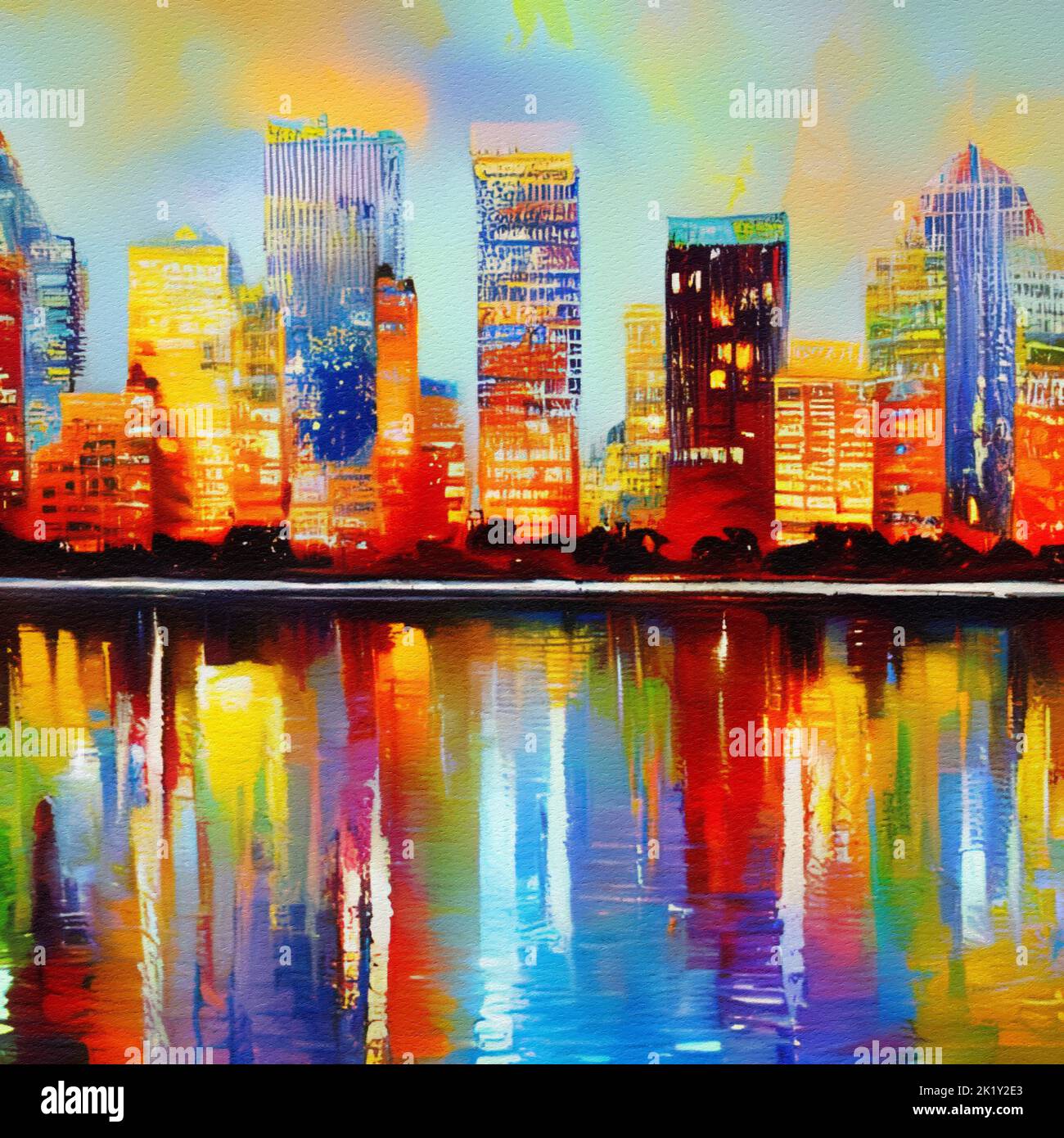 Pintura al óleo rascacielos panorama del paisaje urbano en el moderno post  impresionismo paleta estilo cuchillo. Banner, lienzo, póster, diseño  impreso. Arte de pared de moda Fotografía de stock - Alamy