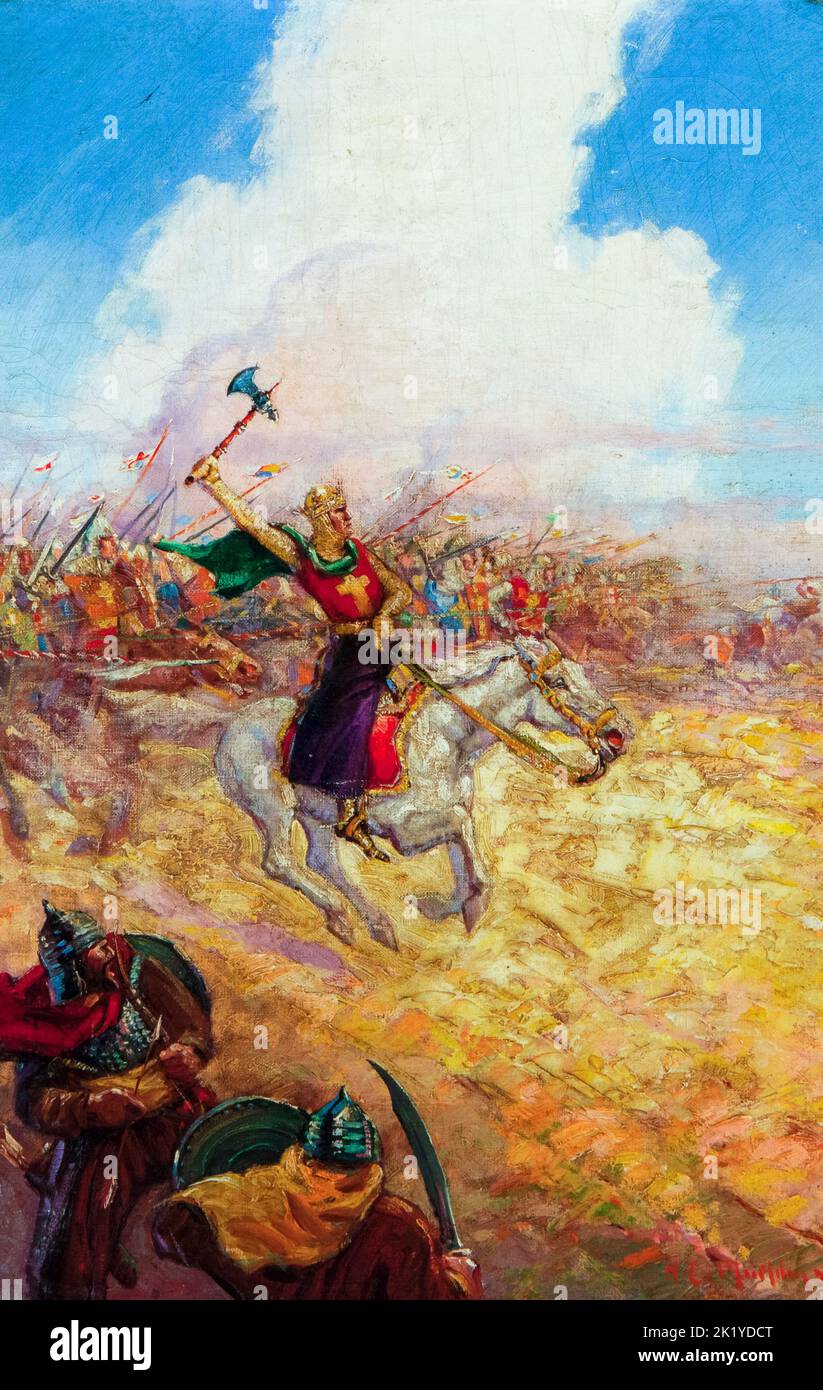 Rey Ricardo I de Inglaterra (1157-1199), Ricardo Corazón de León dirigiendo a sus tropas a la batalla a caballo, pintando al óleo sobre lienzo por Henry Cruse Murphy, antes de 1931 Foto de stock