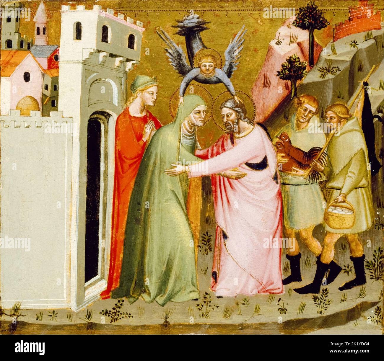 El Encuentro de Ana y Joachim en la Puerta Dorada, pintando en temple y hoja de oro sobre madera por el Maestro de la Puerta Dorada, 1370-1390 Foto de stock