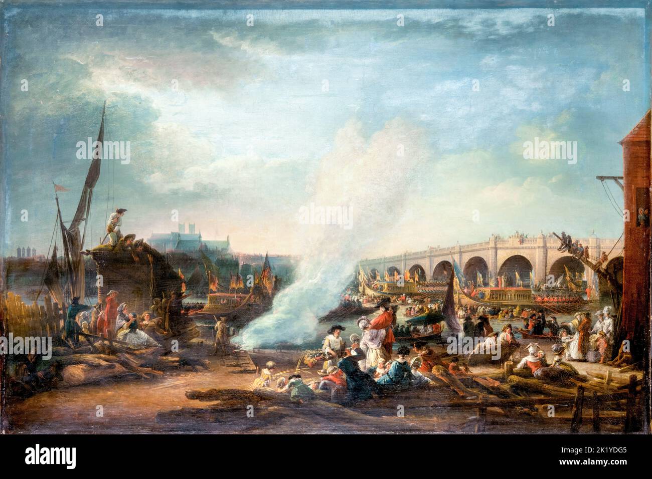 El Puente de Westminster y la Procesión del Támesis del Rey Christian VII de Dinamarca en 1769, pintando al óleo sobre lienzo de Elias Martin, 1768-1769 Foto de stock