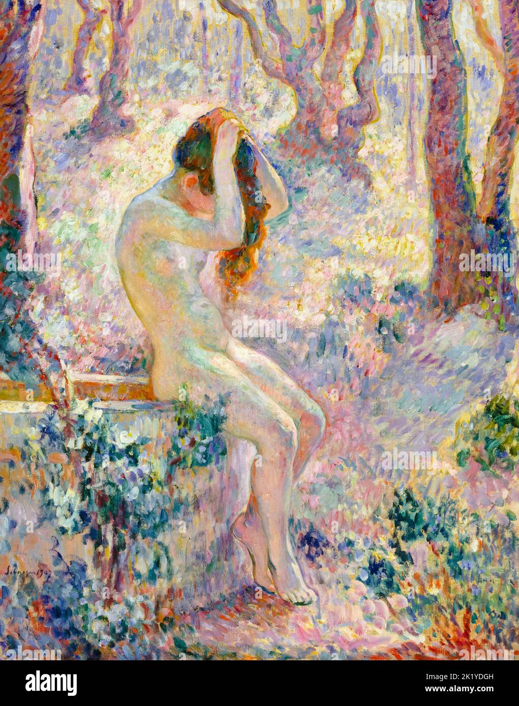 Henri Lebasque, joven desnudo sentado al borde de un pozo, pintando al óleo sobre lienzo, 1907 Foto de stock