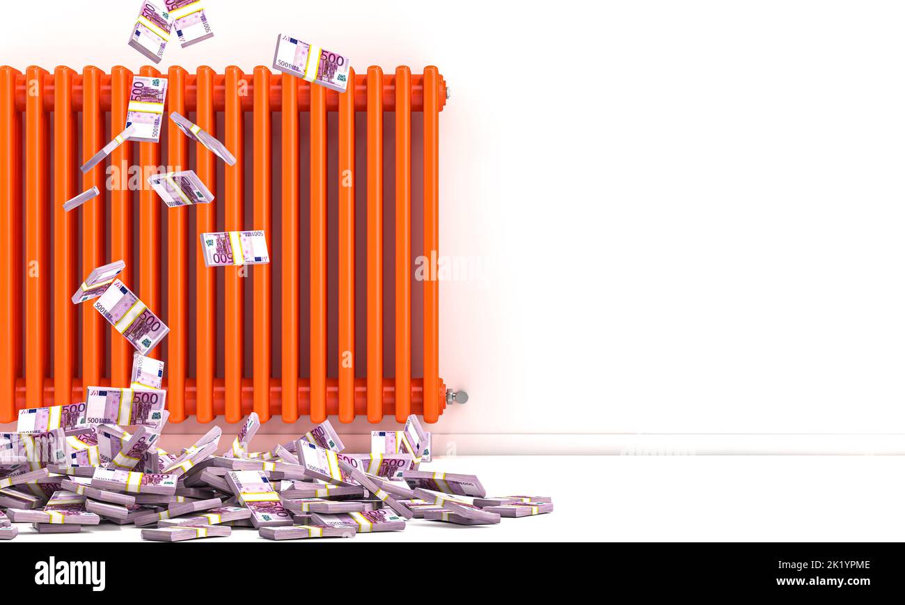 radiador naranja en una habitación blanca, wads de dinero eruro. concepto del coste de calefacción. presentación 3d Foto de stock