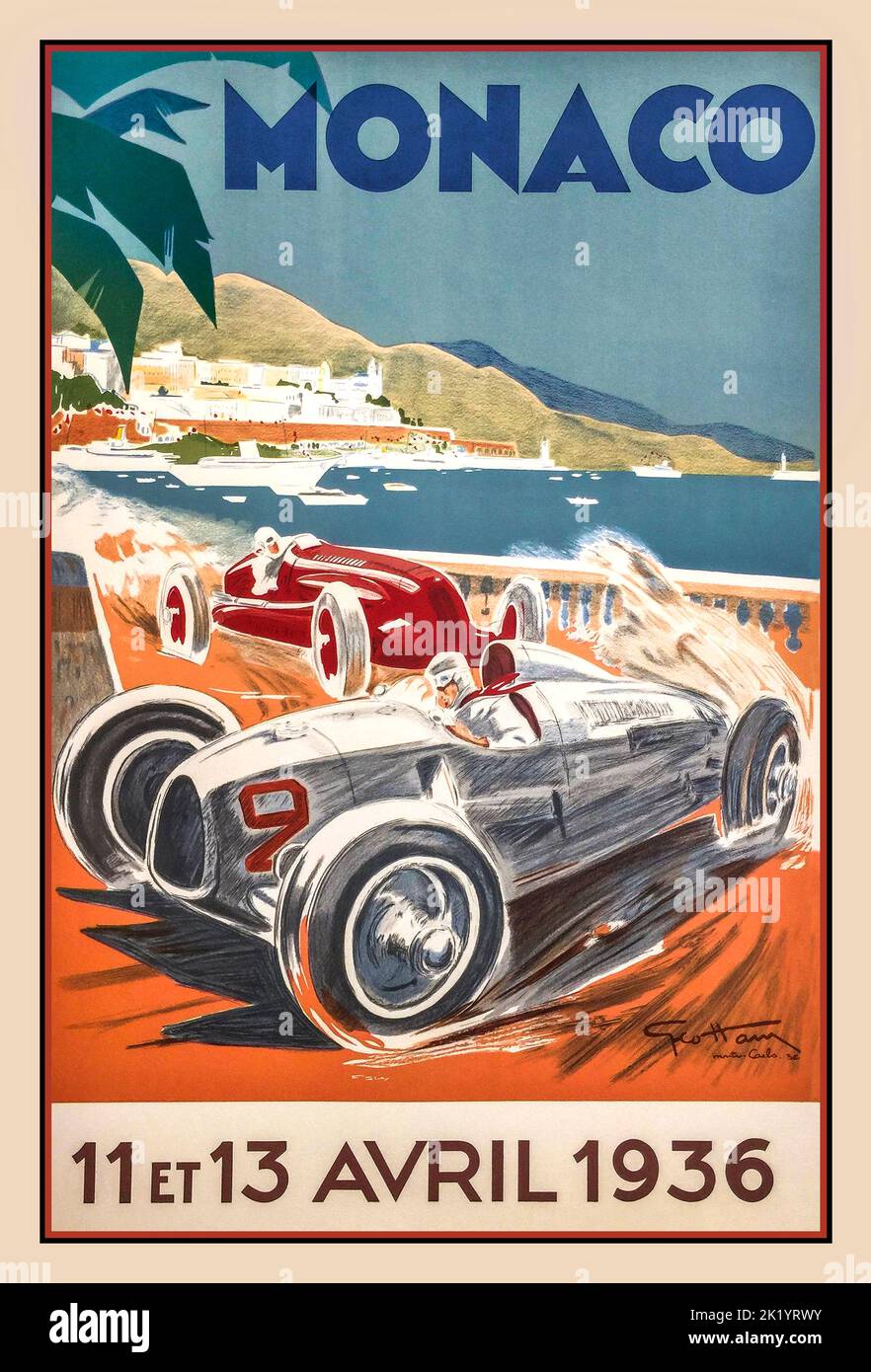 Grand Prix de Mónaco Vintage 1936: Cartel para la carrera de automovilismo del Grand Prix de Mónaco El Grand Prix de Mónaco de 1934 (formalmente el VI Grand Prix de Mónaco) fue una carrera de automovilismo del Grand Prix celebrada el 2 de abril de 1934 en el Circuit de Mónaco dentro y fuera de Monte Carlo. La carrera fue ganada por Guy Moll, un argelino recién reclutado de la Scuderia Ferrari, con un Alfa Romeo Tipo B/P3 Foto de stock