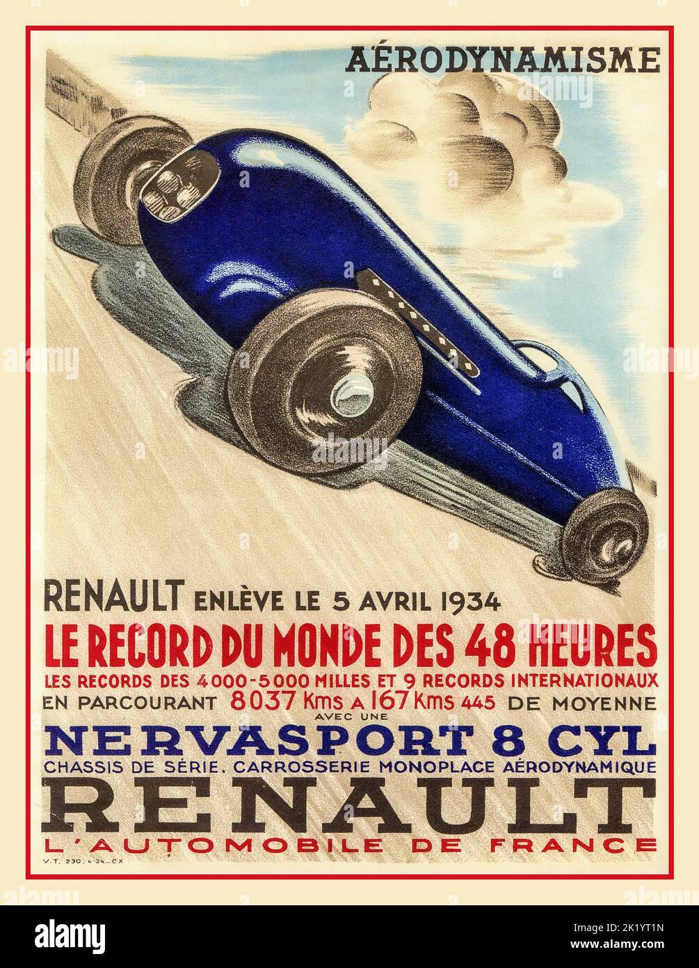 1934 Renault Vintage Motor Racing Sport Cartel Le Record de Monde des 48 Heures 'NERVAPORT 8cyl RENAULT Aerodynamisme Abril 1934 Foto de stock