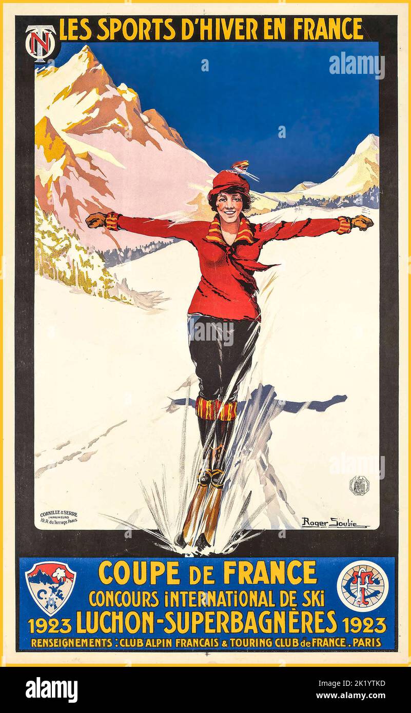Vintage Ski Sport Coupe De France Poster 1923 Concours de France Luchon-Superbagneres Club Alpin De France Touring Club Paris Roger Soubie Artista Foto de stock