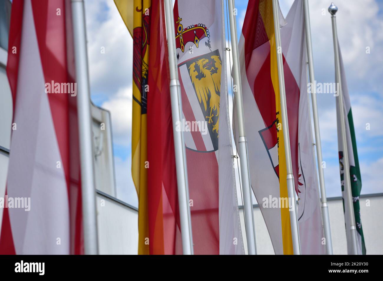 Banderas de los estados federales austriacos delante de un recinto ferial Foto de stock