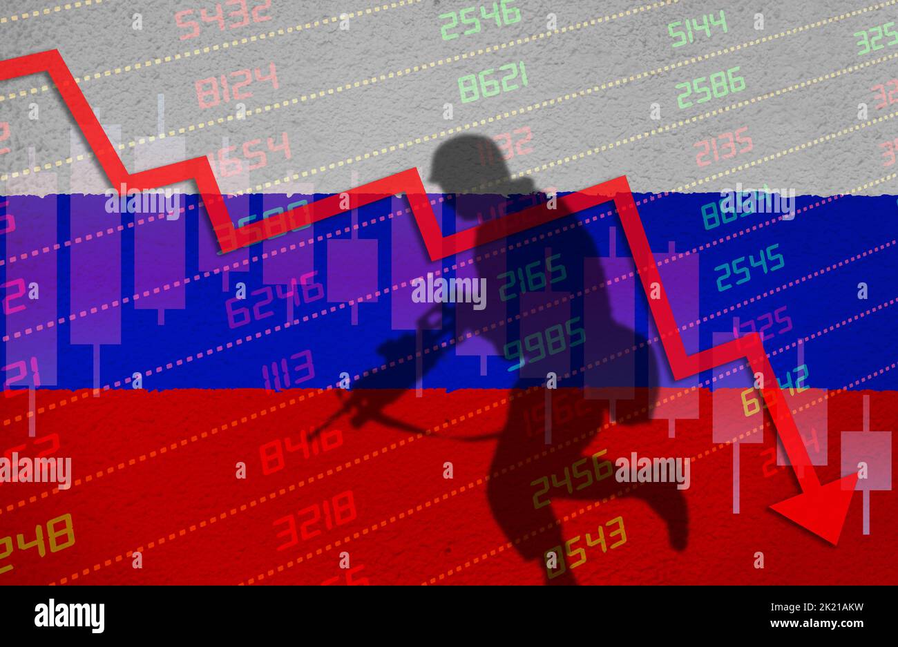 La guerra causa crisis económica con el gráfico de la bolsa flecha hacia abajo en territorio rojo negativo sobre la bandera rusa pintada en la pared con sombra de soldado. Eco Foto de stock