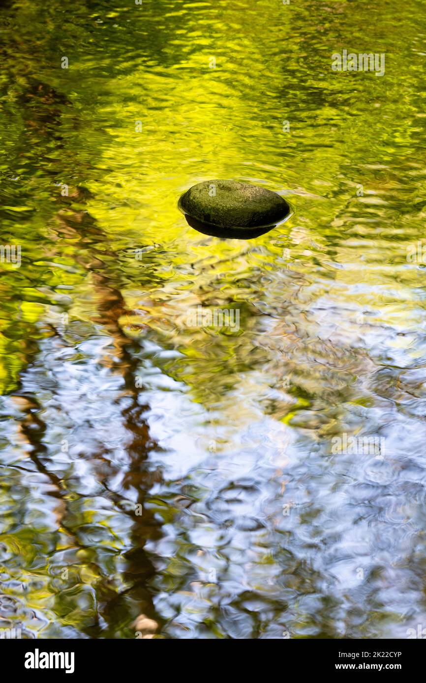 Agua que fluye alrededor de una piedra en un río escocés. Dumfries y Galloway, Escocia Foto de stock