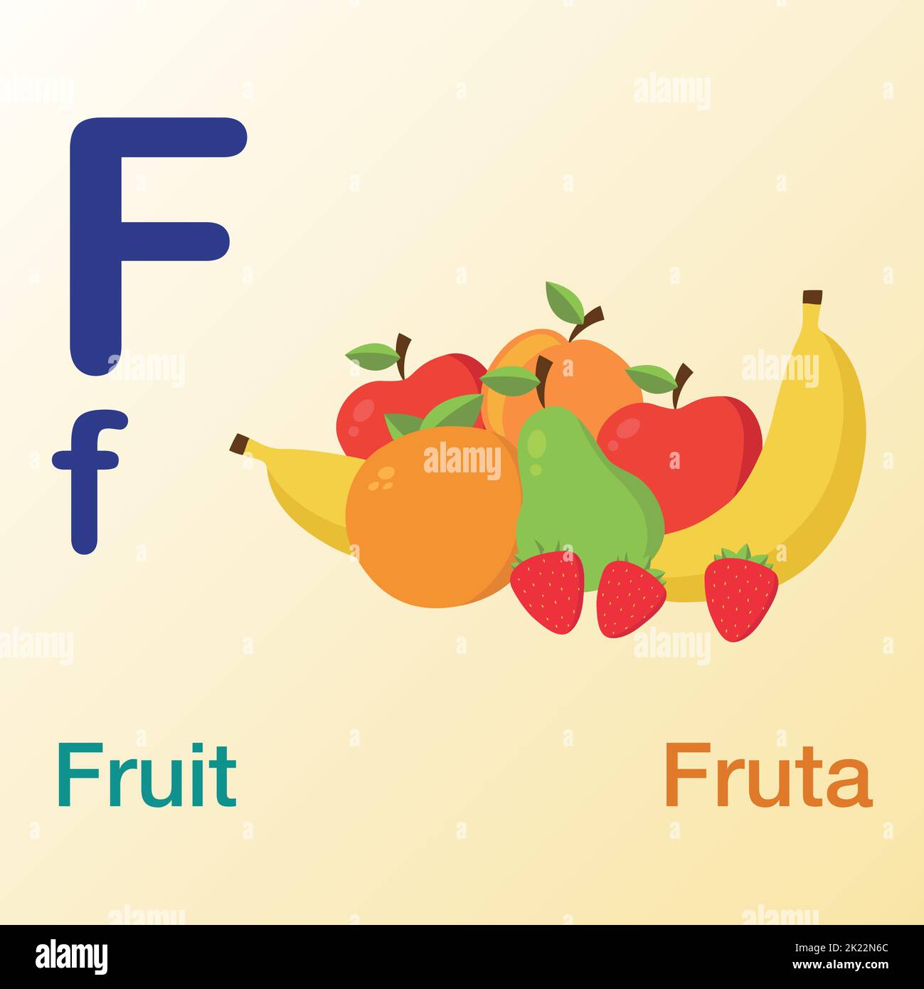 Un libro del alfabeto inglés-español diseñado para niños internacionales con ilustraciones de letras 'F' Ilustración del Vector