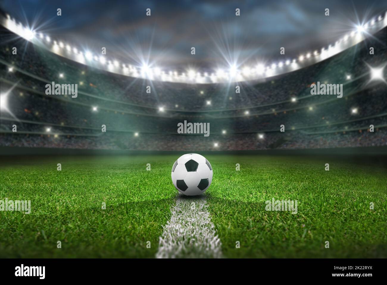 campo de juego de fútbol texturizado con neon fog - centro, mediocampo Foto de stock