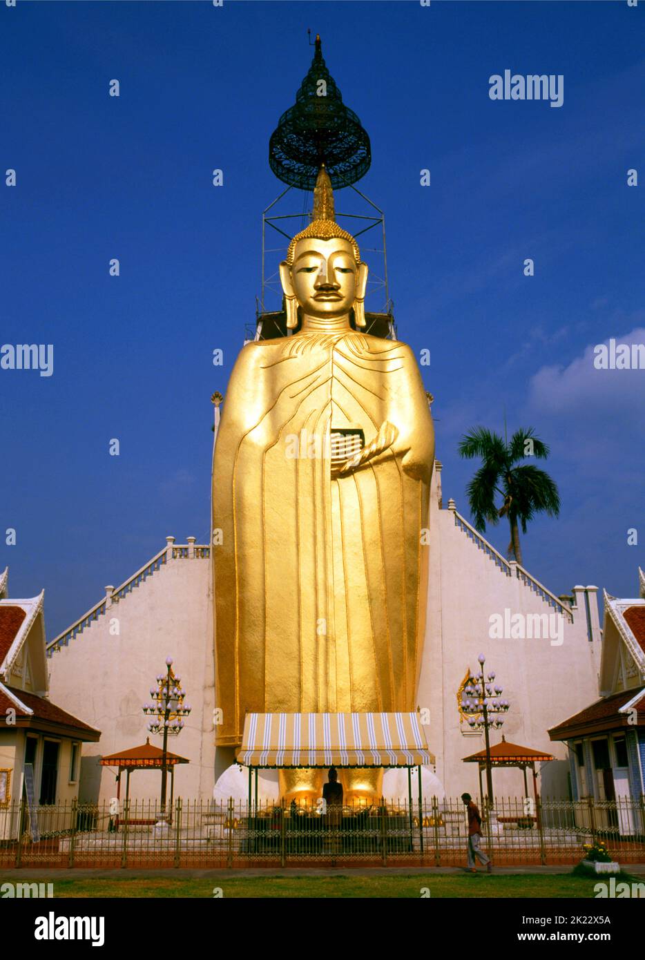 Tailandia: Buda gigante de pie, Wat Intharawihan, Bangkok. La característica principal del Wat Intharawihan de Bangkok es el Buda de 32 metros de altura llamado Luang Pho o Phrasiariyametri. Tomó más de 60 años para completarse y está decorado con mosaicos de vidrio y oro de 24 quilates. El nudo superior de la imagen de Buda contiene una reliquia del Señor Buda traída de Sri Lanka. El templo fue construido a principios del período Ayutthaya. Foto de stock