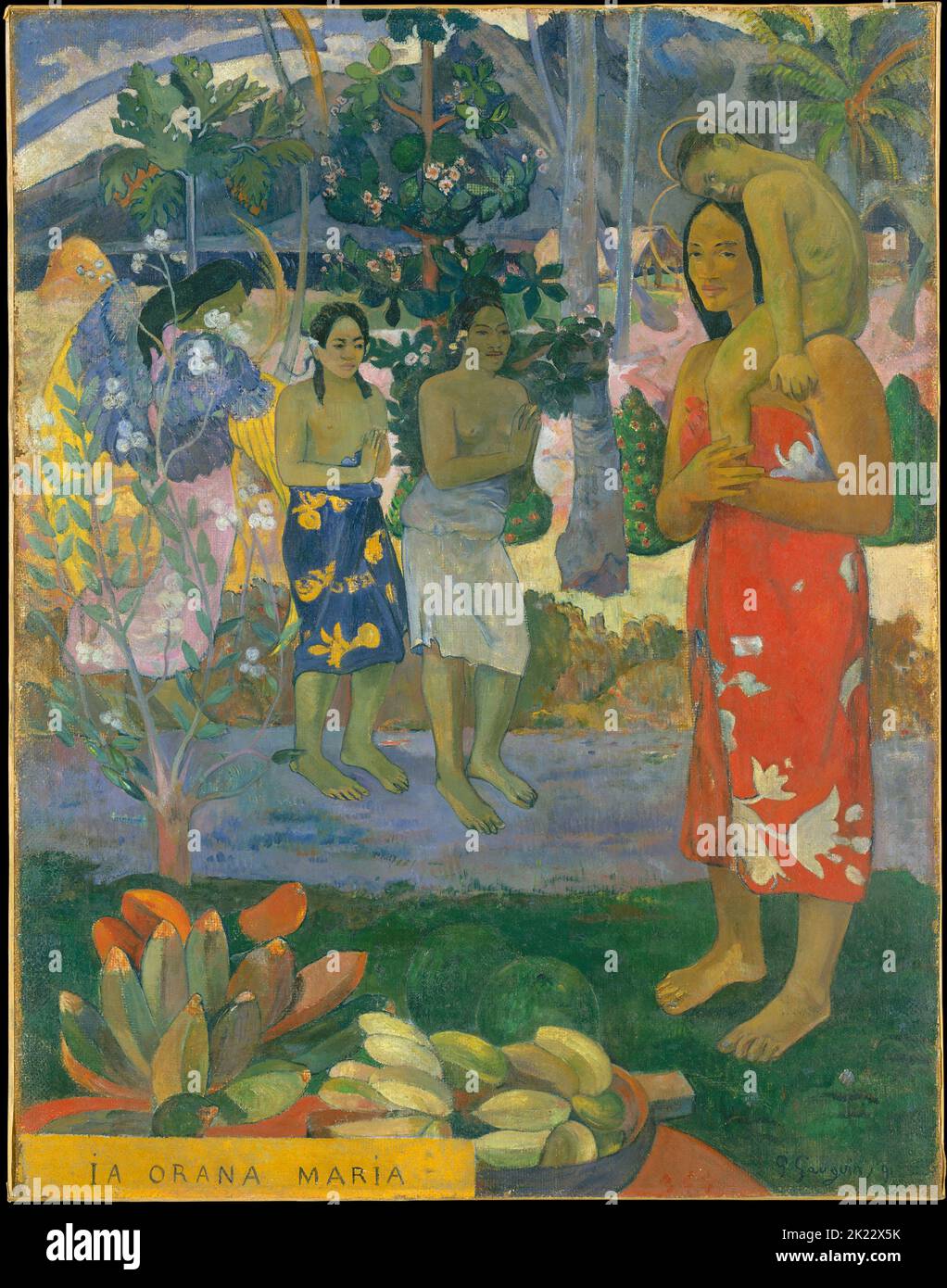 Tahití: 'Ia Orana María' (Ave María). Óleo sobre lienzo de Paul Gauguin (7 de junio de 1848 - 8 de mayo de 1903), 1891. Paul Gauguin nació en París en 1848 y pasó parte de su infancia en Perú. Trabajó como corredor de bolsa con poco éxito, y sufrió episodios de depresión severa. También pintó. En 1891, Gauguin, frustrado por la falta de reconocimiento en su país y financieramente indigente, navegó a los trópicos para escapar de la civilización europea y 'todo lo que es artificial y convencional'. Su tiempo allí, particularmente en Tahití y en las Islas Marquesas, fue objeto de mucho interés. Foto de stock